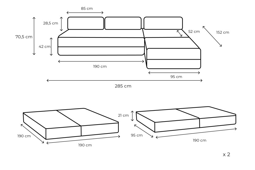 Canapé d'angle 6 places - 3 modules convertibles : Canapé 3 places + Fauteuil + Pouf - Velours côtelé Gris