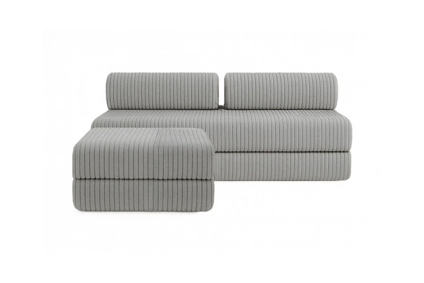 Canapé d'angle 4 places - 2 modules convertibles : Canapé 3 places + Pouf - Velours côtelé XL Gris clair
