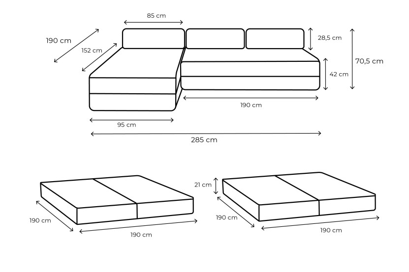 Canapé d'angle 6 places - 2 modules convertibles : Canapé 3 places + Méridienne - Tissu extérieur Gris
