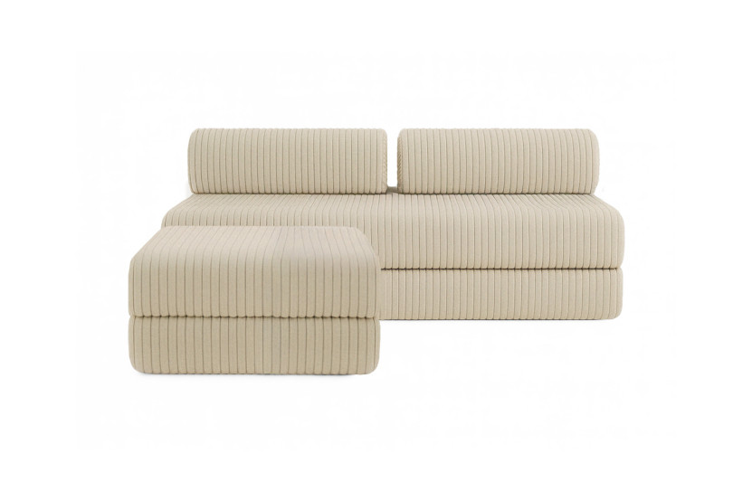 Canapé d'angle 4 places - 2 modules convertibles : Canapé 3 places + Pouf - Velours côtelé XL Beige