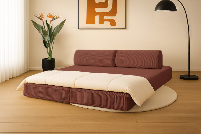 Canapé 3 places convertible et modulable - Velours côtelé Terracotta