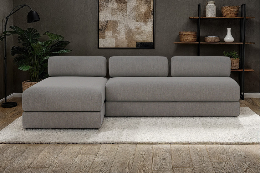 Canapé d'angle 6 places - 2 modules convertibles : Canapé 3 places + Méridienne - Tissu lisse Gris