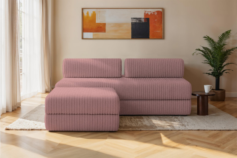 Canapé d'angle 4 places - 2 modules convertibles : Canapé 3 places + Pouf - Velours côtelé XL Rose