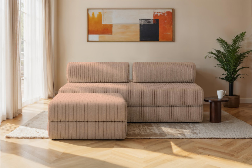 Canapé d'angle 4 places - 2 modules convertibles : Canapé 3 places + Pouf - Velours côtelé XL Marron