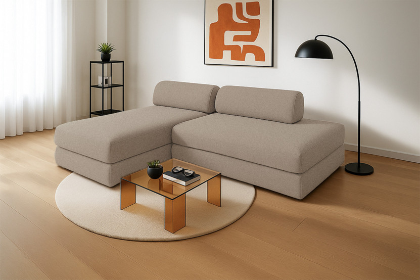 Canapé d'angle 5 places - 2 modules convertibles : Canapé 2 places + Méridienne - Tissu lisse Taupe