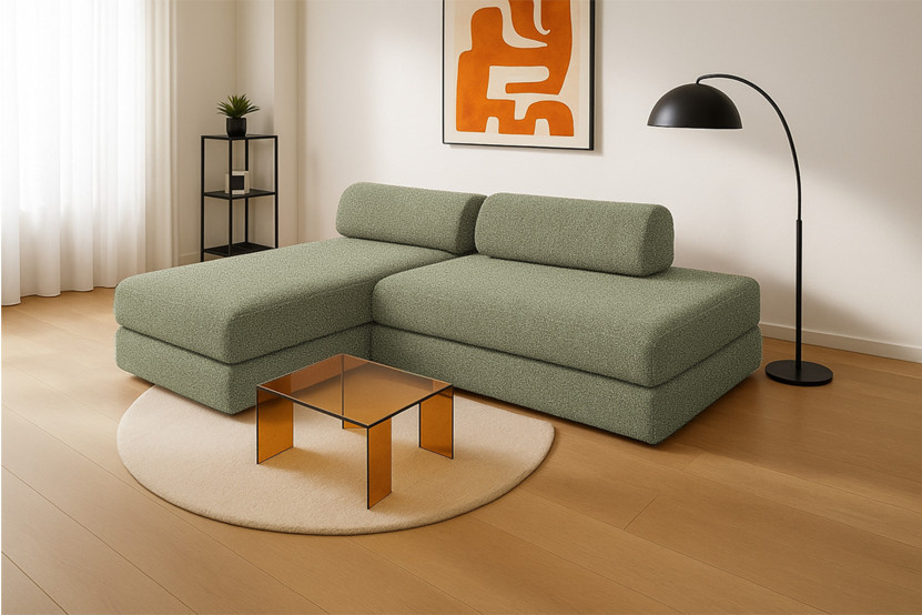 Canapé d'angle 5 places - 2 modules convertibles : Canapé 2 places + Méridienne - Tissu tweed Vert
