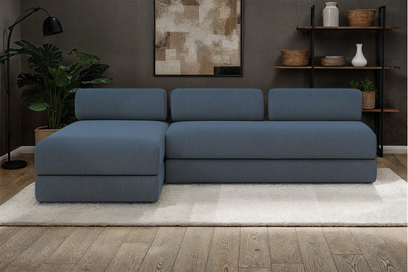 Canapé d'angle 6 places - 2 modules convertibles : Canapé 3 places + Méridienne - Tissu lisse Bleu