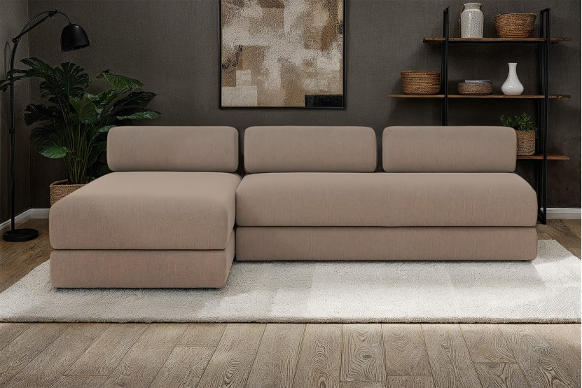 Canapé d'angle 6 places - 2 modules convertibles : Canapé 3 places + Méridienne - Tissu lisse Marron