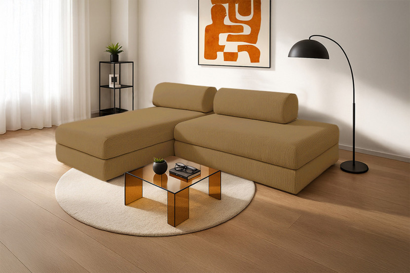 Canapé d'angle 5 places - 2 modules convertibles : Canapé 2 places + Méridienne - Velours côtelé Jaune