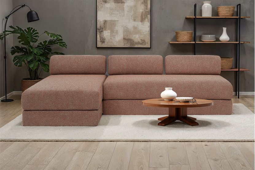 Canapé d'angle 6 places - 2 modules convertibles : Canapé 3 places + Méridienne - Tissu tweed Rouge