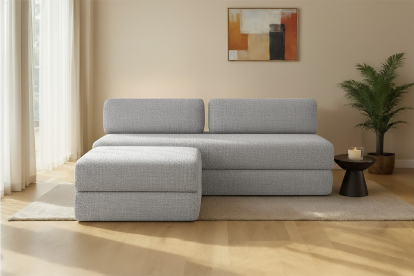 Canapé d'angle 4 places - 2 modules convertibles : Canapé 3 places + Pouf - Tissu tweed Gris