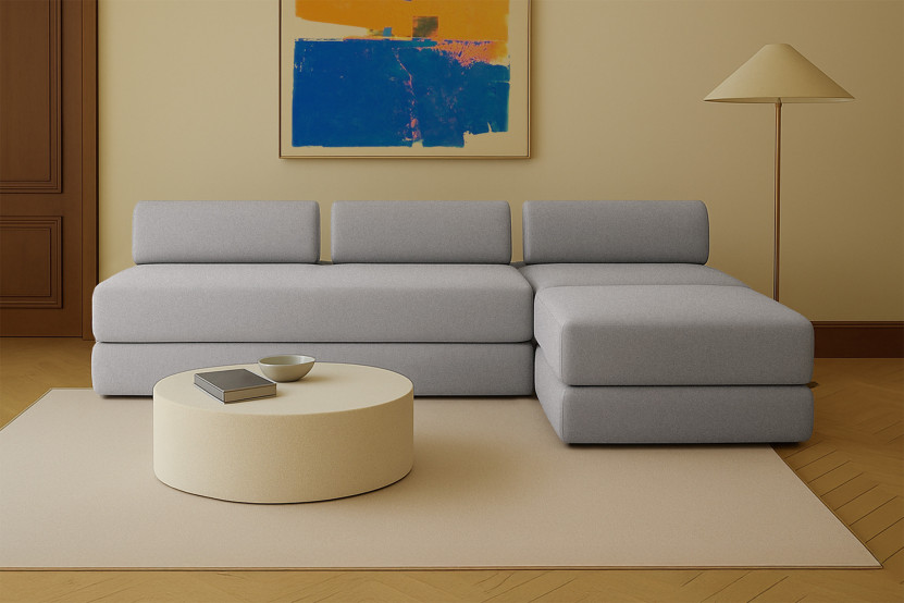 Canapé d'angle 6 places - 3 modules convertibles : Canapé 3 places + Fauteuil + Pouf - Tissu lisse Gris clair