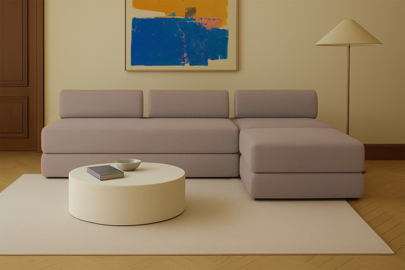 Canapé d'angle 6 places - 3 modules convertibles : Canapé 3 places + Fauteuil + Pouf - Tissu lisse Marron