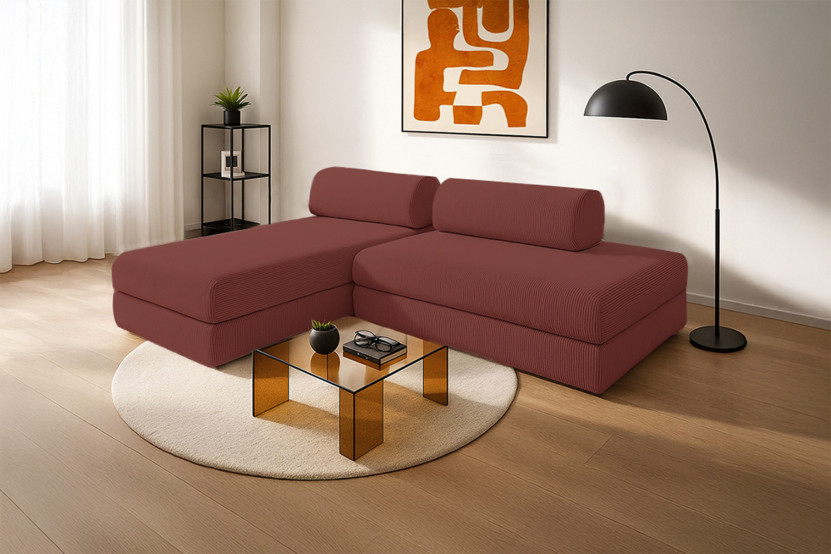 Canapé d'angle 5 places - 2 modules convertibles : Canapé 2 places + Méridienne - Velours côtelé Rouge