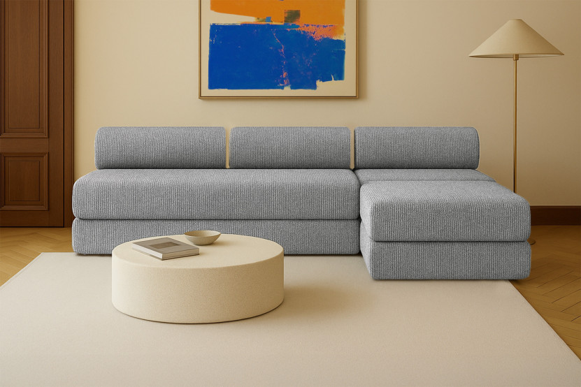 Canapé d'angle 6 places - 3 modules convertibles : Canapé 3 places + Fauteuil + Pouf - Tissu tweed Gris