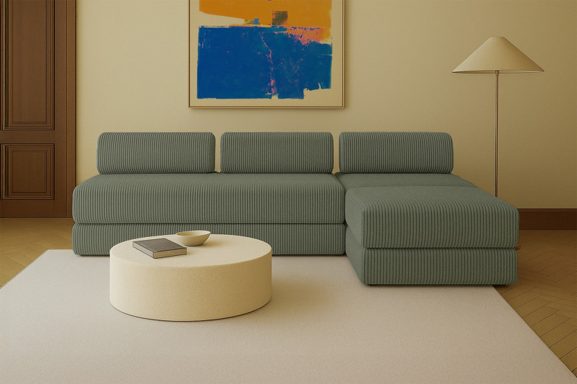 Canapé d'angle 6 places - 3 modules convertibles : Canapé 3 places + Fauteuil + Pouf - Velours côtelé XL Vert