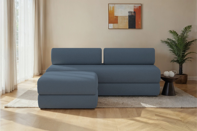 Canapé d'angle 4 places - 2 modules convertibles : Canapé 3 places + Pouf - Tissu lisse Bleu