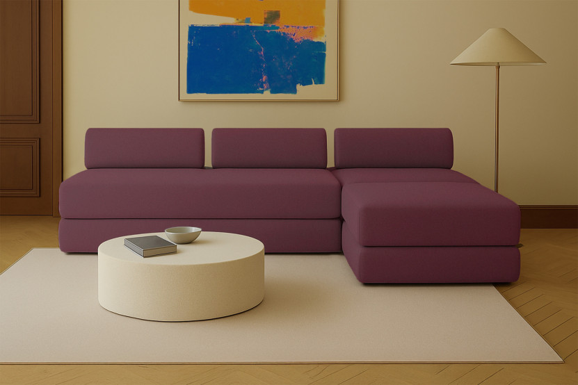 Canapé d'angle 6 places - 3 modules convertibles : Canapé 3 places + Fauteuil + Pouf - Tissu lisse Rouge