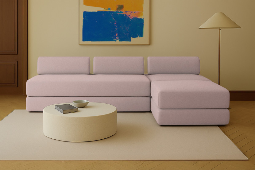 Canapé d'angle 6 places - 3 modules convertibles : Canapé 3 places + Fauteuil + Pouf - Tissu lisse Rose