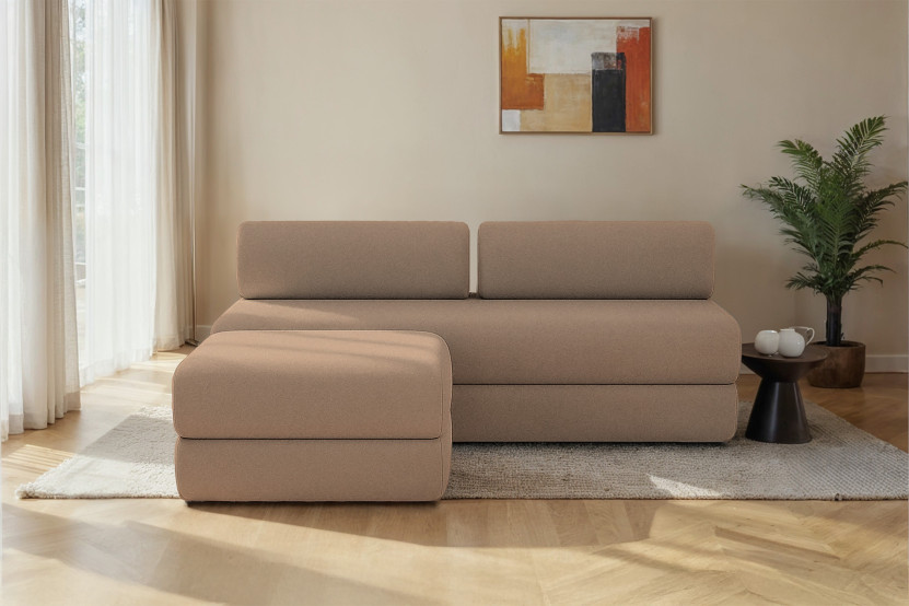 Canapé d'angle 4 places - 2 modules convertibles : Canapé 3 places + Pouf - Tissu lisse Marron