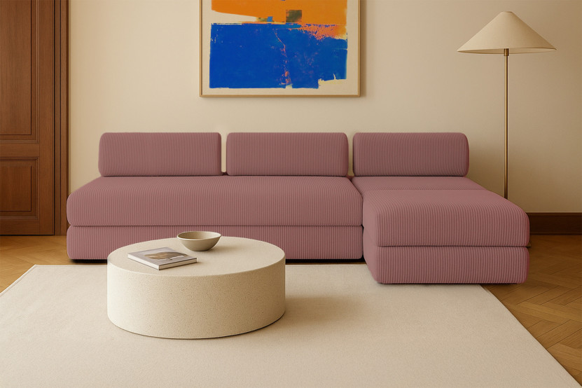 Canapé d'angle 6 places - 3 modules convertibles : Canapé 3 places + Fauteuil + Pouf - Velours côtelé Rose