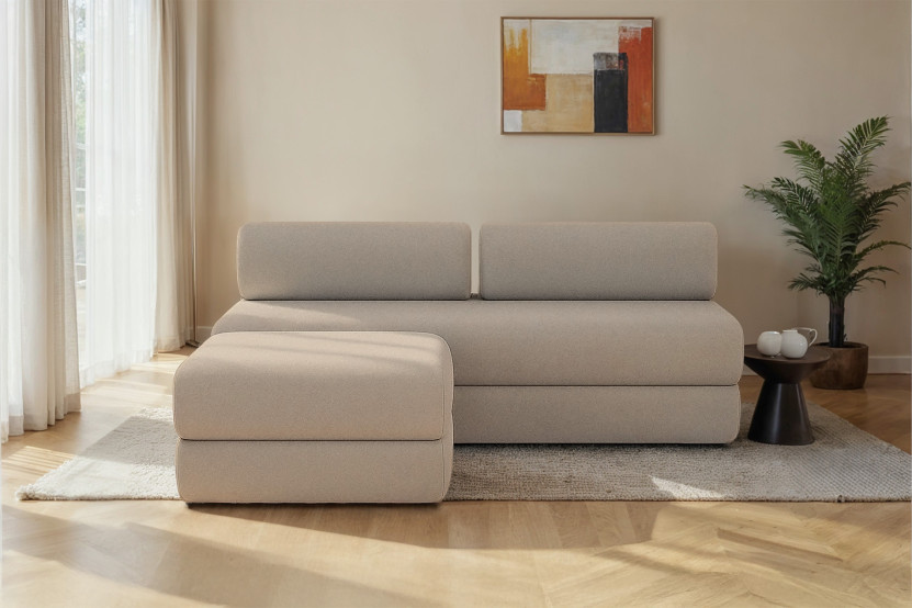 Canapé d'angle 4 places - 2 modules convertibles : Canapé 3 places + Pouf - Tissu lisse Taupe