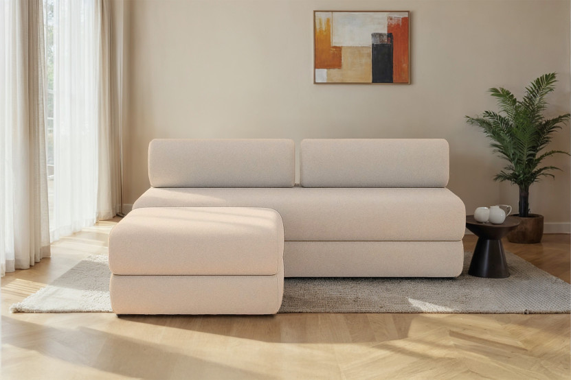 Canapé d'angle 4 places - 2 modules convertibles : Canapé 3 places + Pouf - Tissu lisse Beige