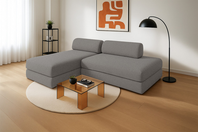 Canapé d'angle 5 places - 2 modules convertibles : Canapé 2 places + Méridienne - Tissu lisse Gris