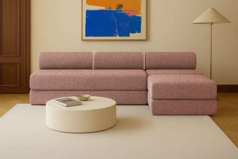 Canapé 6 places - 3 modules convertibles : Canapé 3 places + Fauteuil + Pouf - Tissu tweed Rouge