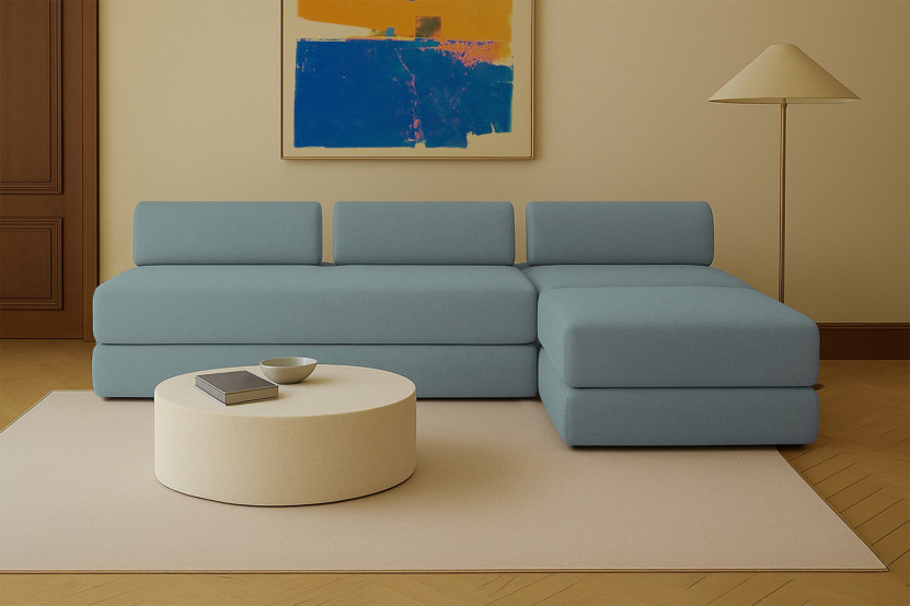 Canapé d'angle 6 places - 3 modules convertibles : Canapé 3 places + Fauteuil + Pouf - Tissu lisse Vert