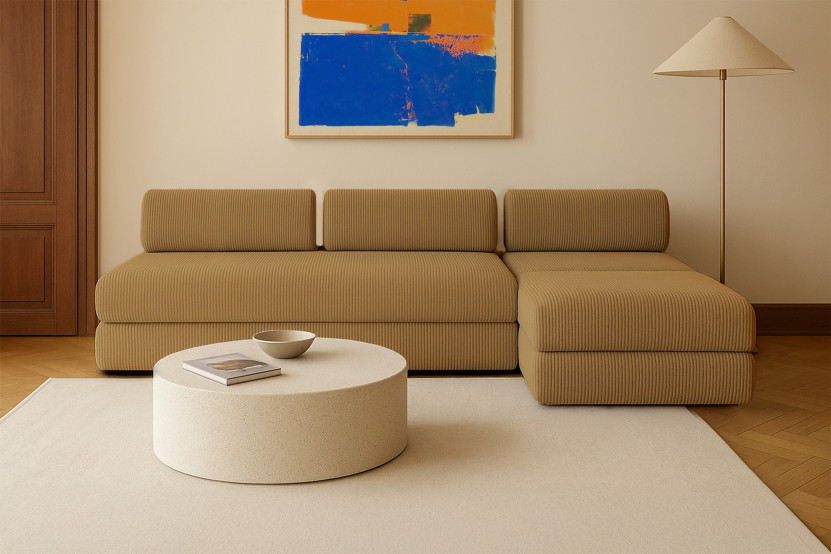 Canapé d'angle 6 places - 3 modules convertibles : Canapé 3 places + Fauteuil + Pouf - Velours côtelé Jaune