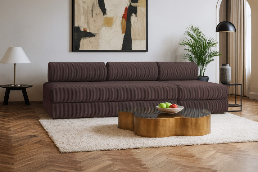 Canapé 4 places - 2 modules convertibles : Canapé 3 places + Fauteuil - Velours côtelé Marron