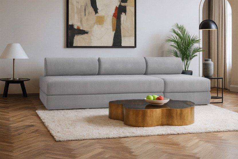 Canapé 4 places - 2 modules convertibles : Canapé 3 places + Fauteuil - Velours côtelé Gris clair