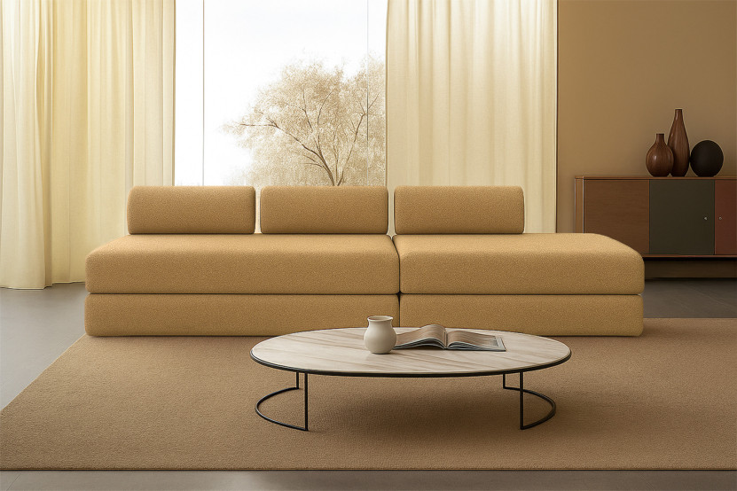 Canapé 5 places - 2 modules convertibles : Canapé 3 places + Canapé 2 places - Tissu tweed Jaune