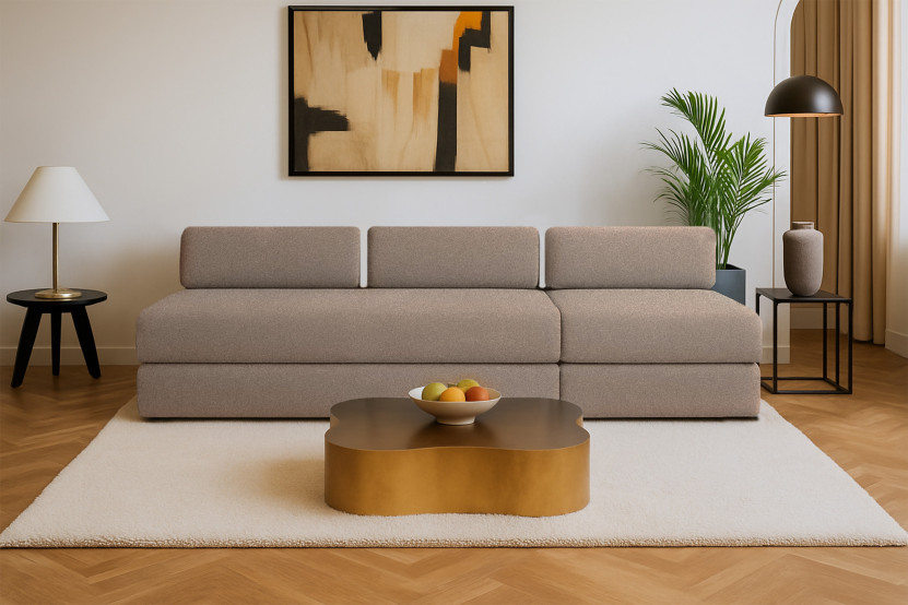 Canapé 4 places - 2 modules convertibles : Canapé 3 places + Fauteuil - Tissu lisse Marron