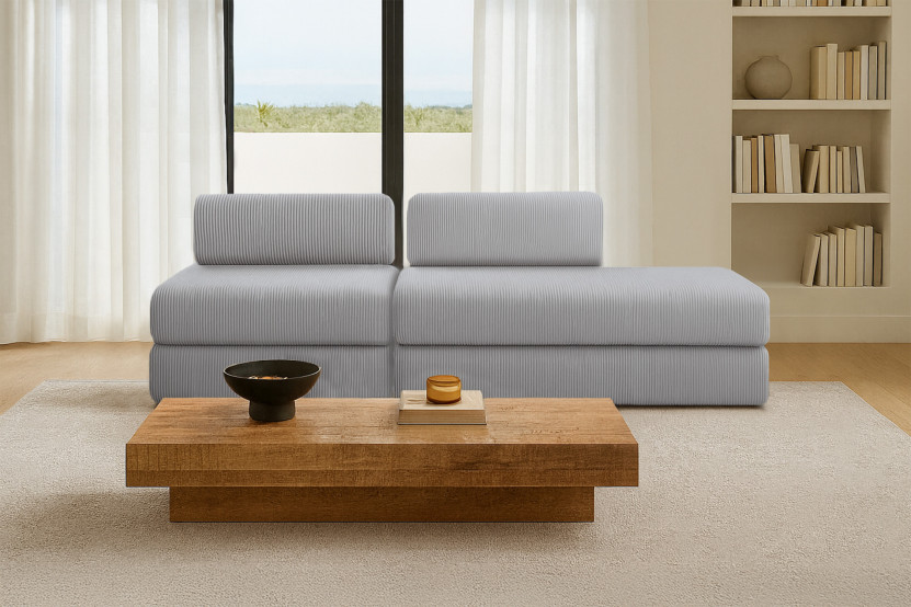 Canapé 3 places - 2 modules convertibles : Canapé 2 places + Fauteuil - Velours côtelé Gris clair