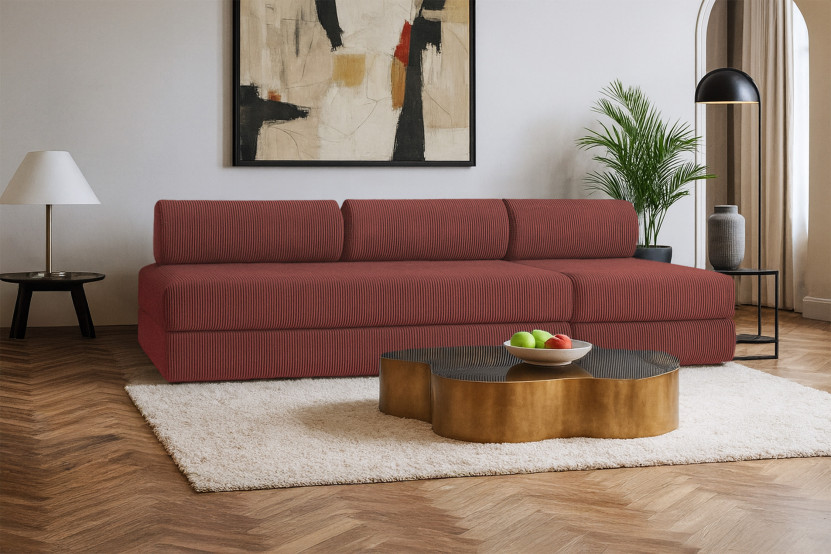 Canapé 4 places - 2 modules convertibles : Canapé 3 places + Fauteuil - Velours côtelé Rouge