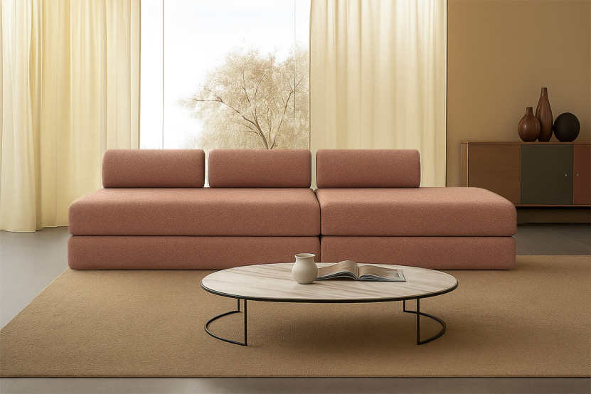 Canapé 5 places - 2 modules convertibles : Canapé 3 places + Canapé 2 places - Tissu tweed Rouge