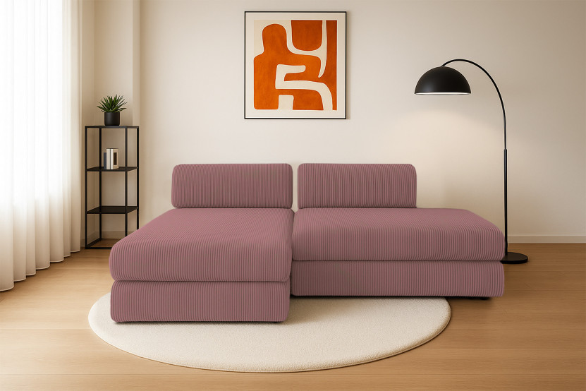 Canapé d'angle 5 places - 2 modules convertibles : Canapé 2 places + Méridienne - Velours côtelé Rose