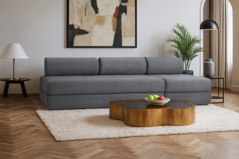 Canapé 4 places - 2 modules convertibles : Canapé 3 places + Fauteuil - Velours côtelé Gris