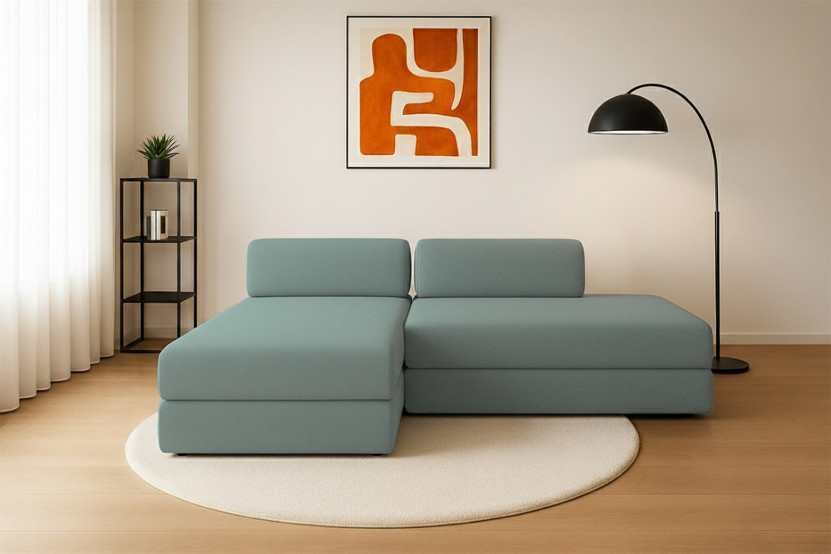 Canapé d'angle 5 places - 2 modules convertibles : Canapé 2 places + Méridienne - Tissu lisse Vert