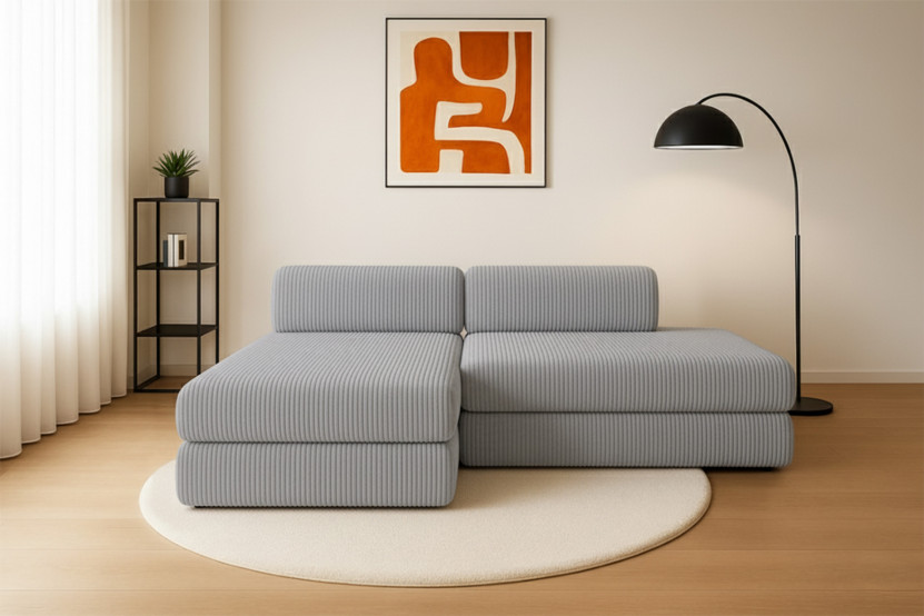 Canapé d'angle 5 places - 2 modules convertibles : Canapé 2 places + Méridienne - Velours côtelé XL Gris clair