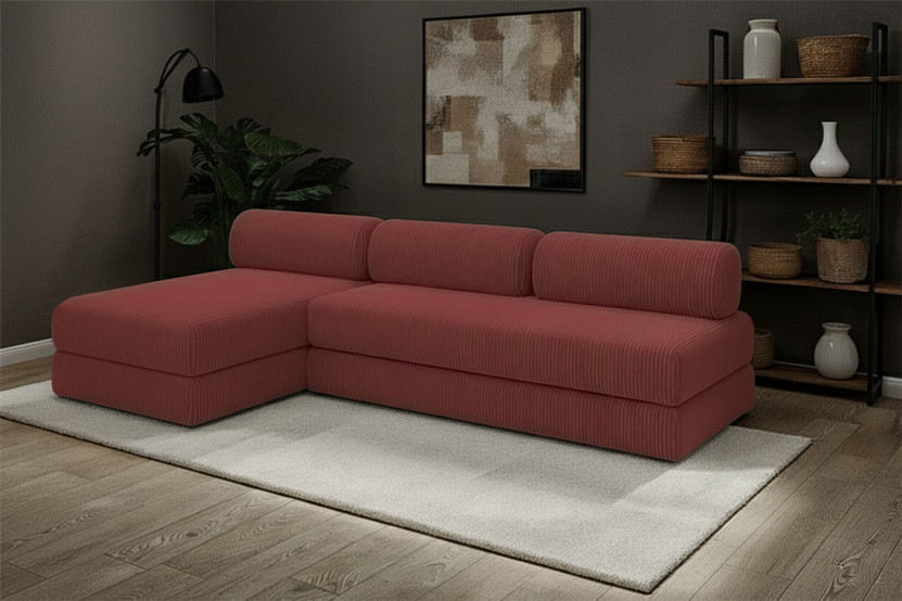 Canapé d'angle 6 places - 2 modules convertibles : Canapé 3 places + Méridienne - Velours côtelé Rouge