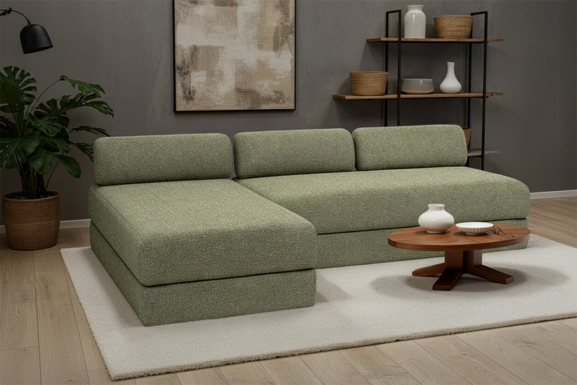 Canapé d'angle 6 places - 2 modules convertibles : Canapé 3 places + Méridienne - Tissu tweed Vert