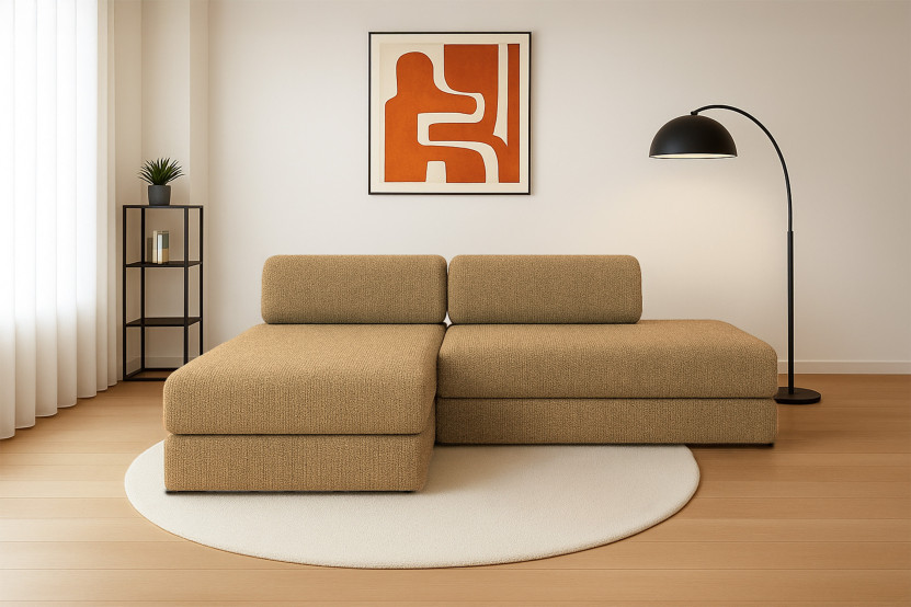 Canapé d'angle 5 places - 2 modules convertibles : Canapé 2 places + Méridienne - Tissu tweed Jaune