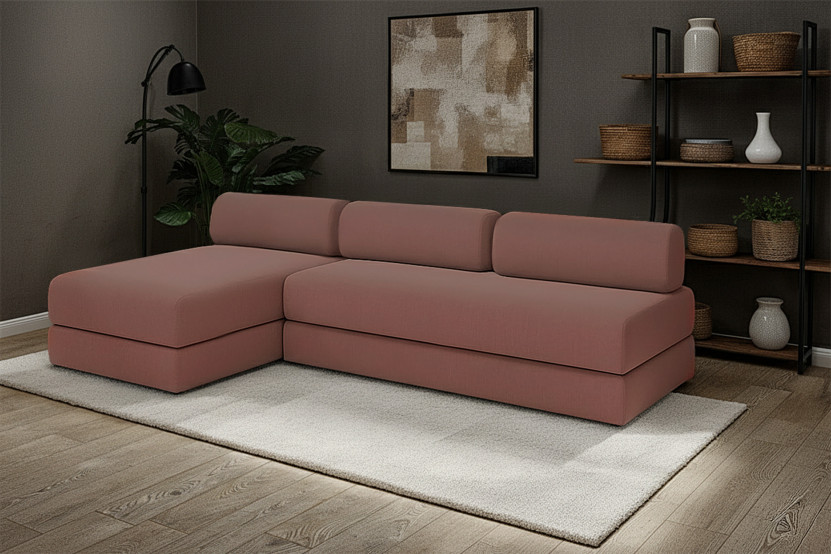 Canapé d'angle 6 places - 2 modules convertibles : Canapé 3 places + Méridienne - Tissu lisse Terracotta