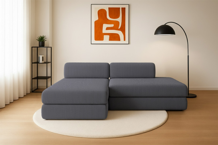 Canapé d'angle 5 places - 2 modules convertibles : Canapé 2 places + Méridienne - Velours côtelé XL Gris