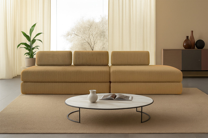 Canapé 5 places - 2 modules convertibles : Canapé 3 places + Canapé 2 places - Velours côtelé Jaune