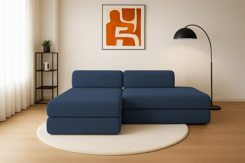 Canapé d'angle 5 places - 2 modules convertibles : Canapé 2 places + Méridienne - Velours côtelé XL Bleu