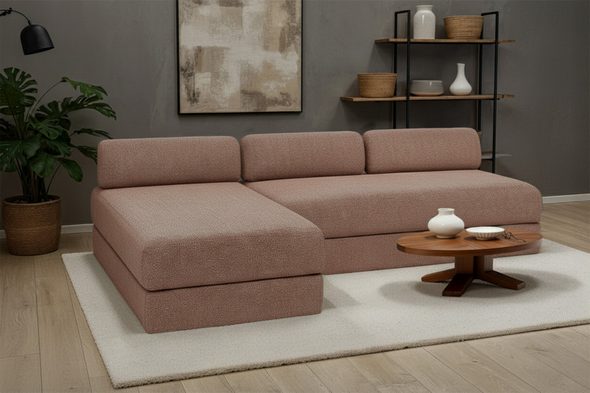 Canapé d'angle 6 places - 2 modules convertibles : Canapé 3 places + Méridienne - Tissu tweed Rouge